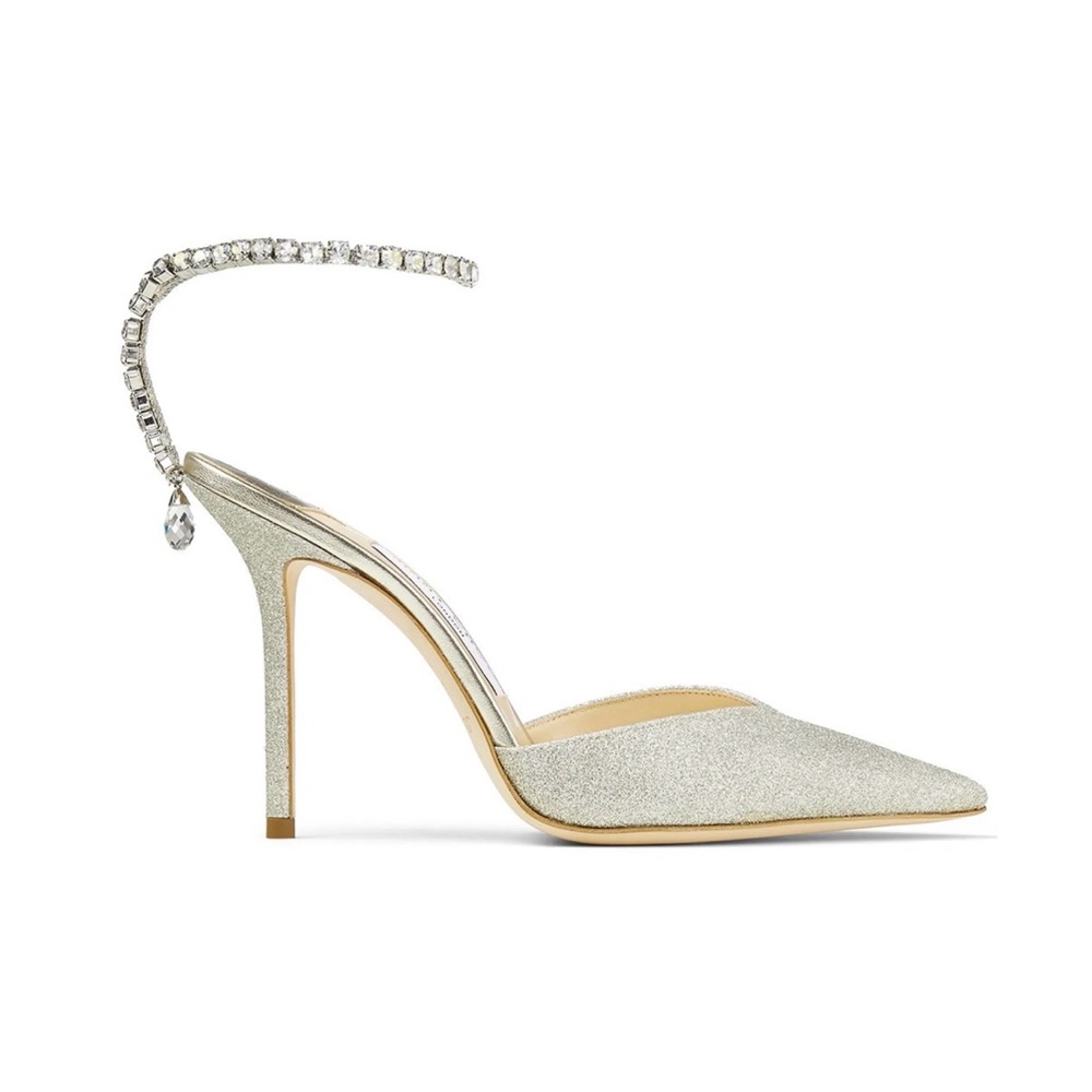 Jimmy Choo Saeda 100 Platinum Ice Dusty Glitter Pumps with Crystal Embellishment